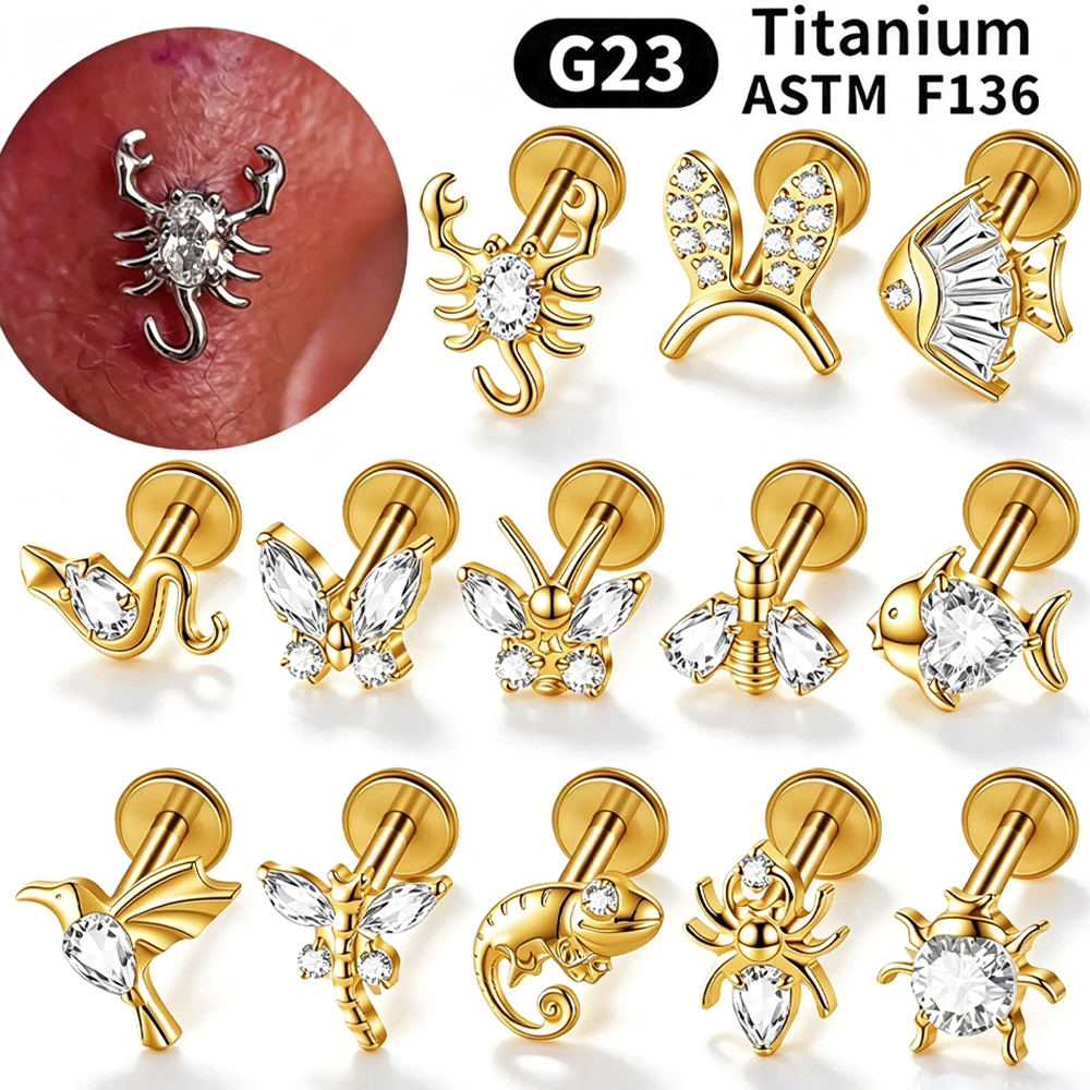 G23 Solid Titanium CZ Cartilage Stud Earrings 16G Internal Thread Ear Helix Tragus Flat Conch Labret Lip Body Piercing Jewelry