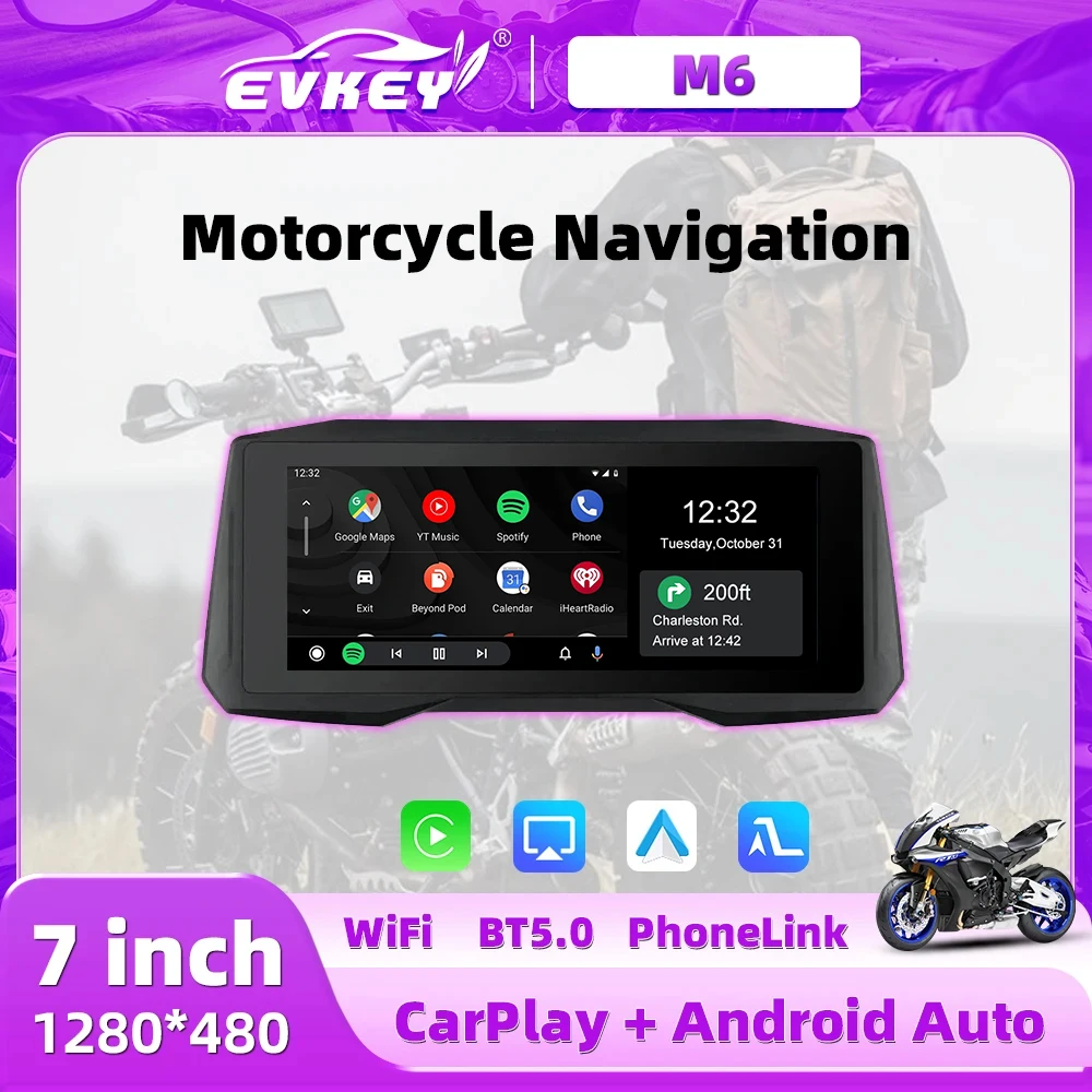 

EVKEY M6 Motorcycle CarPlay Navigation 7.0inch Wireless CarPlay Android Auto Airplay Display Screen Portable Motorcycle Monitor