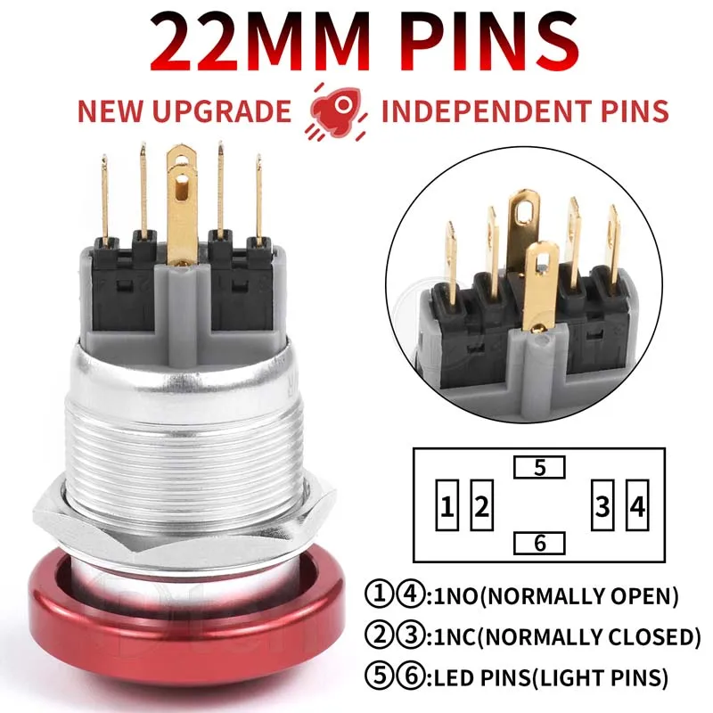 1PCS Led Push Button Switch 16 19 22mm Metal Mushroom Head  Press Big Red Green Waterproof Self-reset Self-lockingcar switch Led