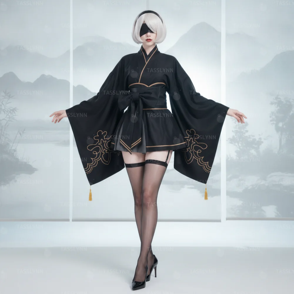 Women 2B NieR Outfit, Wide Sleeve Tassel Yukata Big Bow Waistband Garter Stockings Full Set, Anime Japanese Roleplay Costume view 6