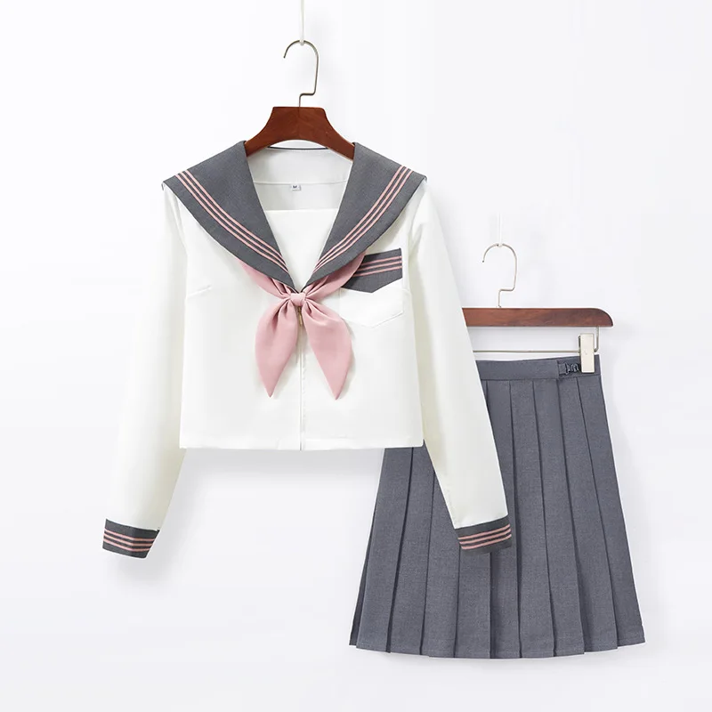 Japanese Embroidery New Gray Three-book JK Uniform Sailor Uniform College Style  Long-sleeved College Style Pleated Skirt SuitBC