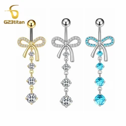 G23titan Surgical Titanium Steel Belly Piercing Bowknot Belly Button Ring Round Zircon Pendant Women Navel Ring Body Jewelry 14G