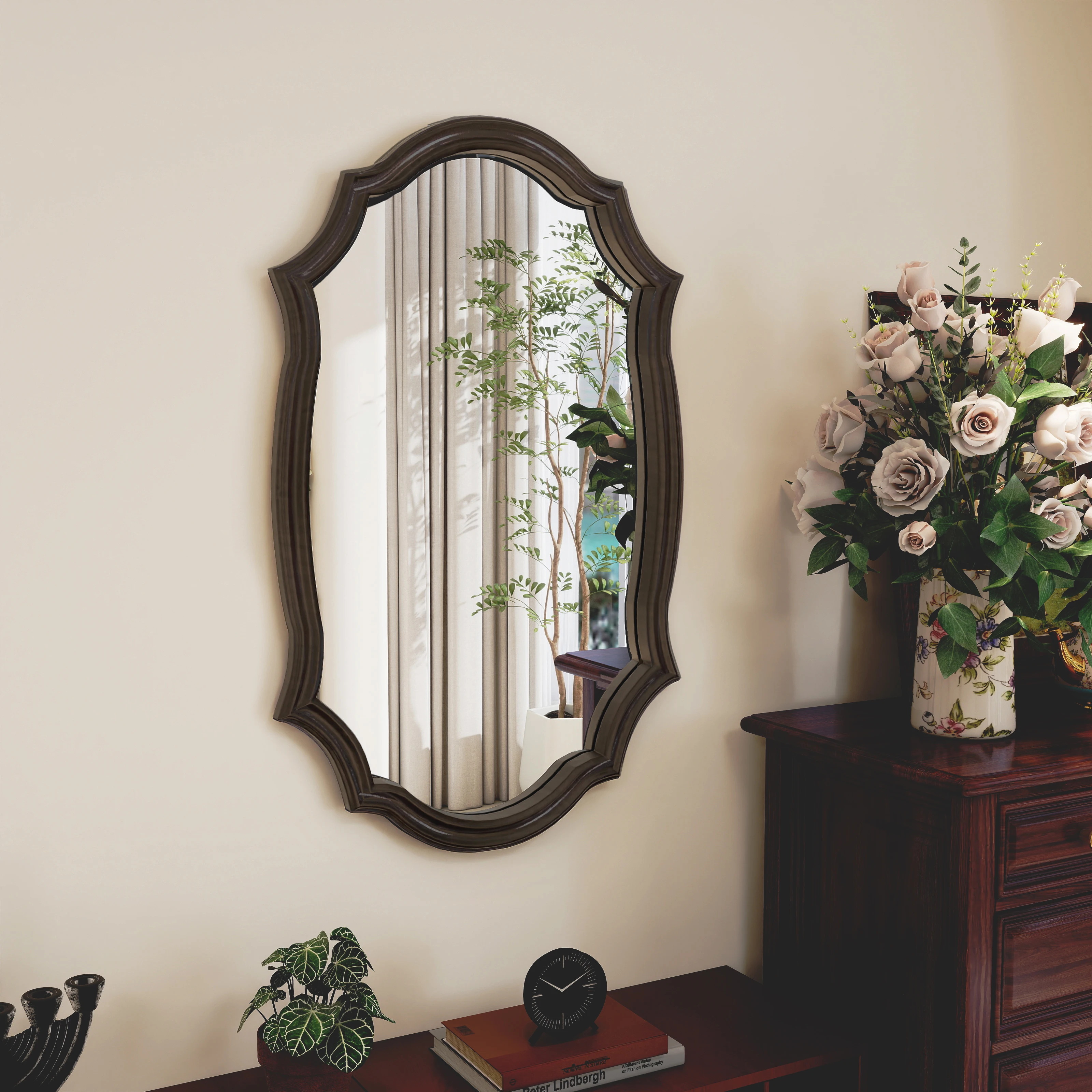 Solid wood frame large cosmetic mirror hotel bathroom wedding hall homestay antique black decorative half-body mirror advanced