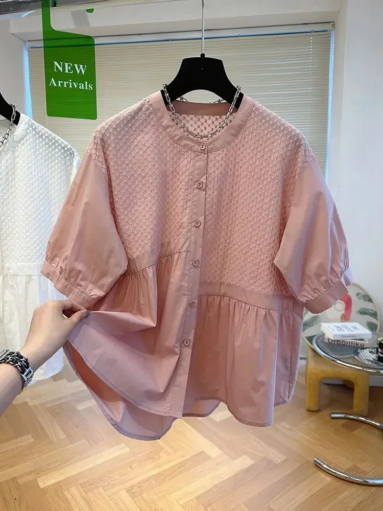 

Женская одежда 2025 года, летние блузки с круглым вырезом и коротким рукавом, белые рубашки, свободные топы нестандартной формы, винтажная корейская блузка Camisas De Mujer