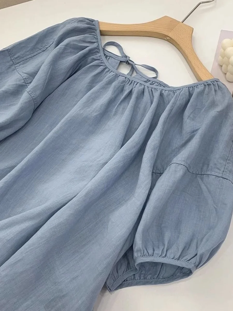 

Женская рубашка больших размеров с круглым вырезом и рукавами-фонариками, свободного кроя, летняя, модная, в нежном стиле, очень большие размеры (до 300 фунтов)