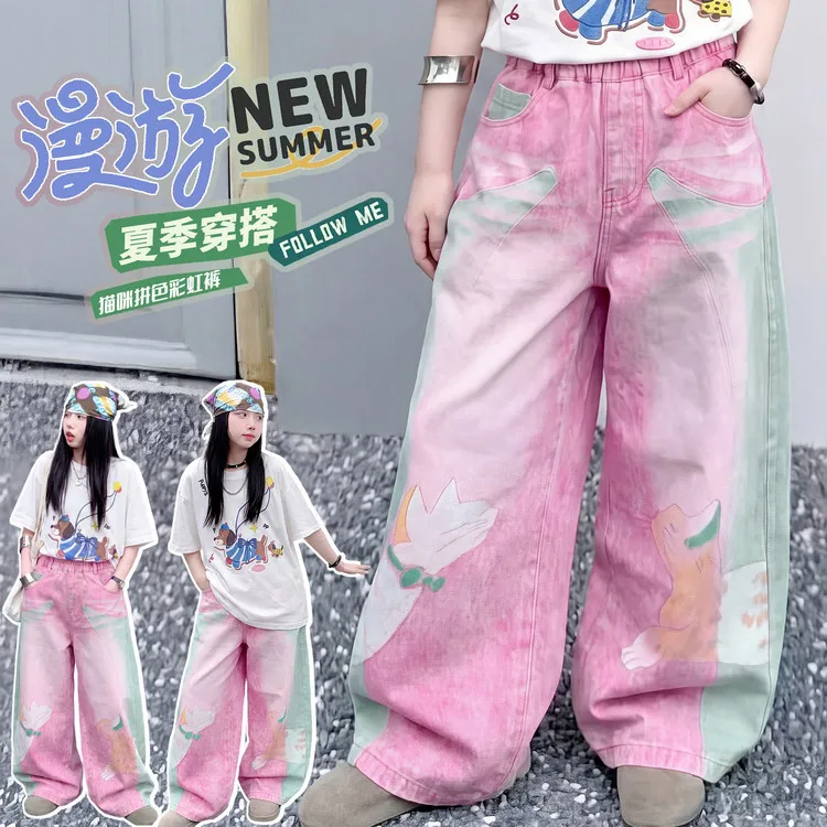 Girls Hip Hop Dance Costume Set Cartoon Top+ Dopamine Wide Leg Pants 2Pcs Summer New Fashion Children Streetwear Outfits 5-14Y
