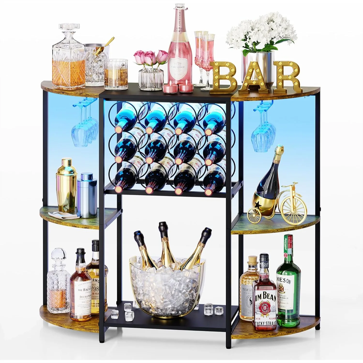 

Wine Bar Cabinet with LED Lights, Mini Wine Rack Storage Glass Holder, 3-Tier Bar Table for Kitchen Dining Room Living Room
