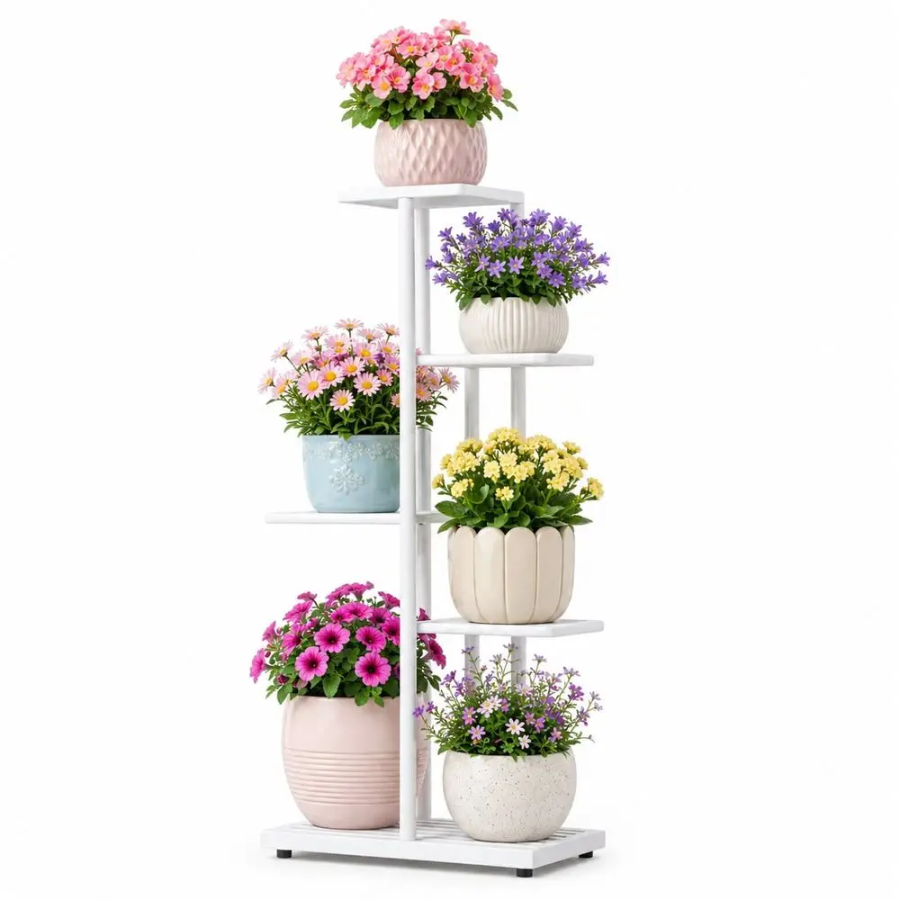 

5 Tier White Metal Flower Pot Display Rack Indoor Outdoor Plant Stand Multi Layer Shelf For Living Room Balcony Garden Courtyar