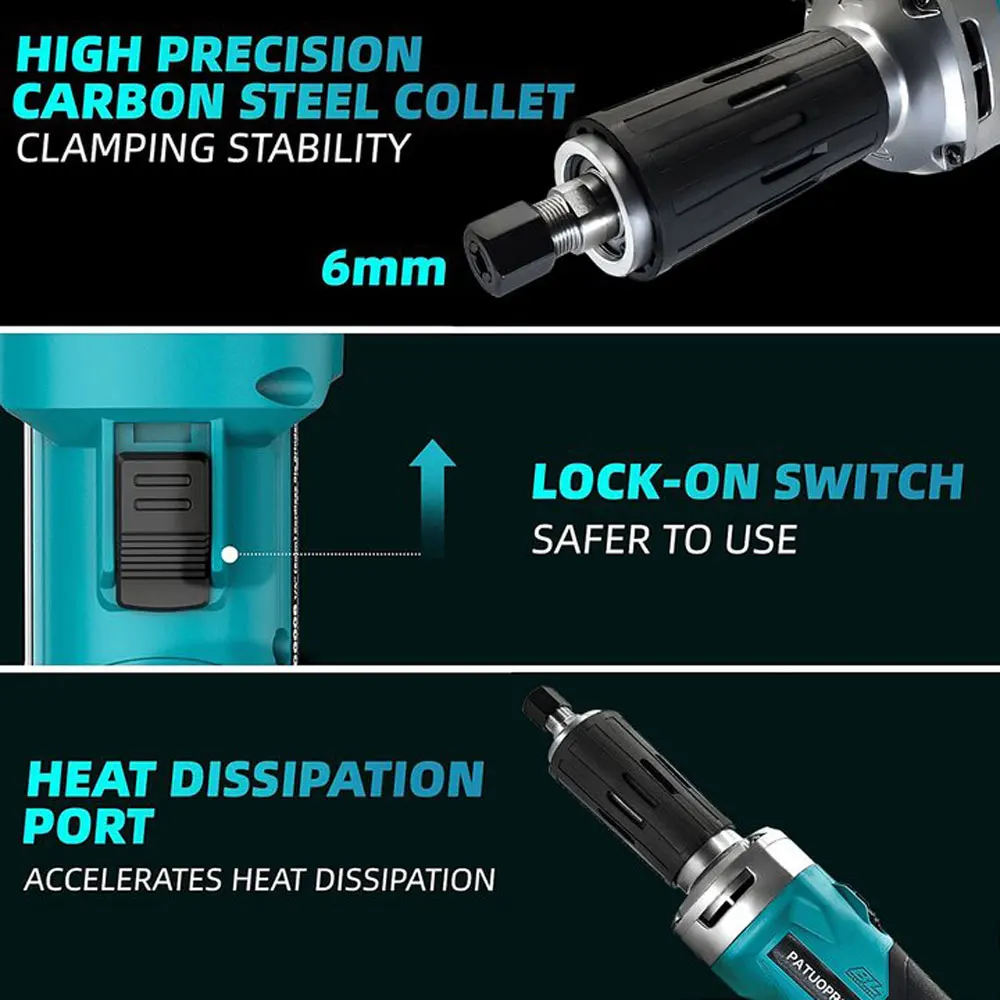 PATUOPRO 18V Cordless Brushless Electric Grinder 6MM Handheld Variable Speed Engraving Tool For Makita 18V Battery(No Battery)