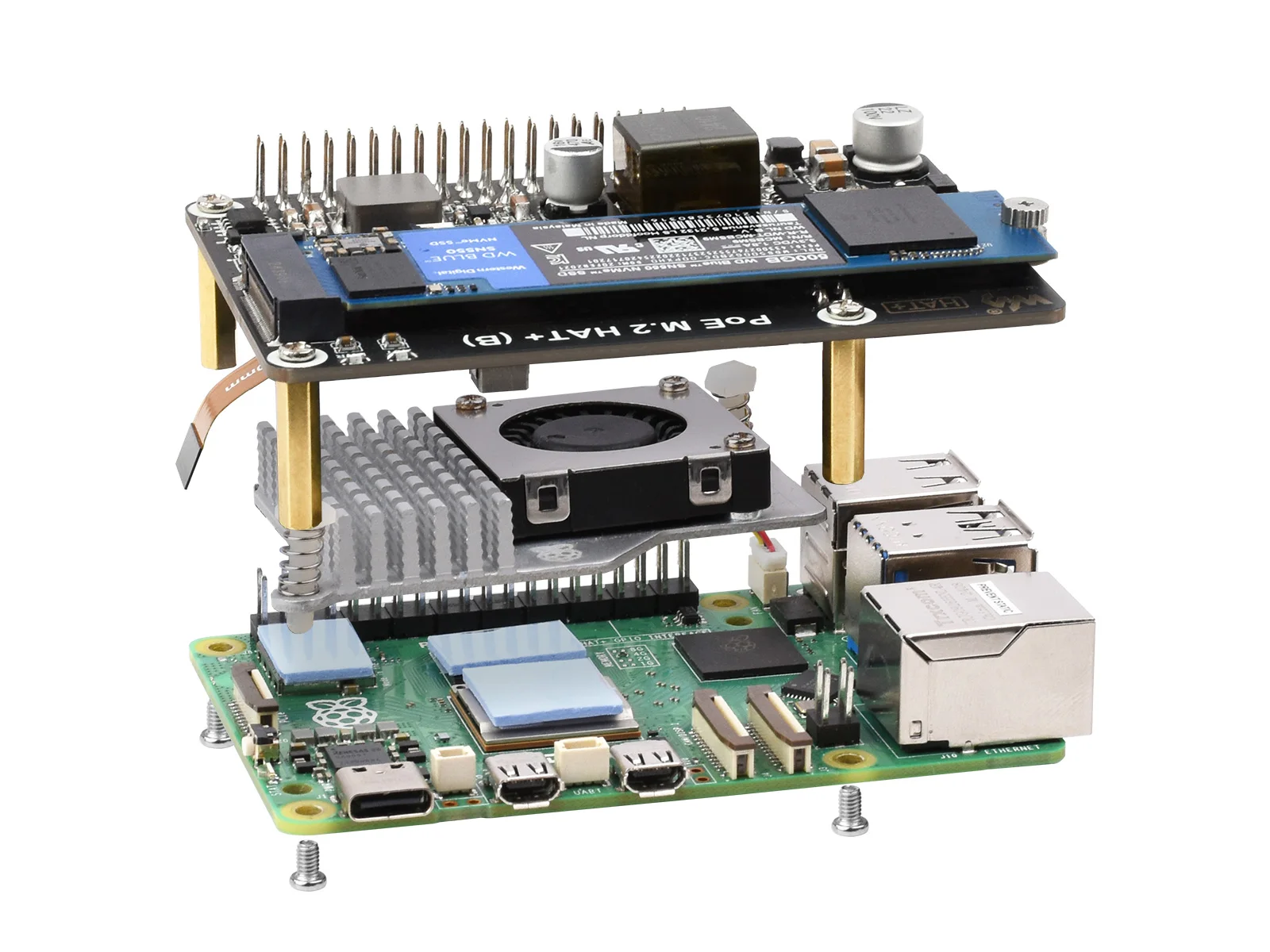 Waveshare PCIe-auf-M2-Adapter mit PoE-Funktion (B) für Raspberry Pi 5, unterstützt NVMe-Protokoll M.2 Solid State Drive High-Speed