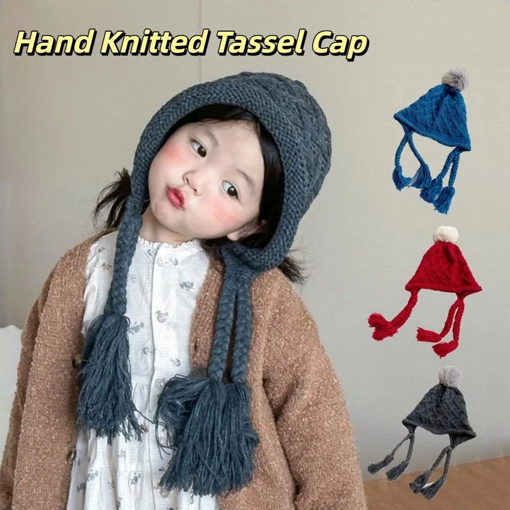 

Korean Autumn Winter Baby Crochet Hat Pom-pom Tassel Pigtail Hand Knitted Cap Outdoor Soft Warm Ear Protection Cap Toddler