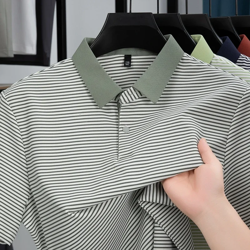 Summer Mens Lapel Polo Top All Over Fine Horizontal Stripe Lightweight Air Permeable Mesh Stretch Street Daily Apparel
