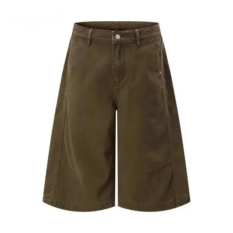 

Summer New Men's Casual Shorts Brown Washed Deconstructed Stitch Loose Straight Leg Daily Streetwear Wide Leg Pants 9X3BGC