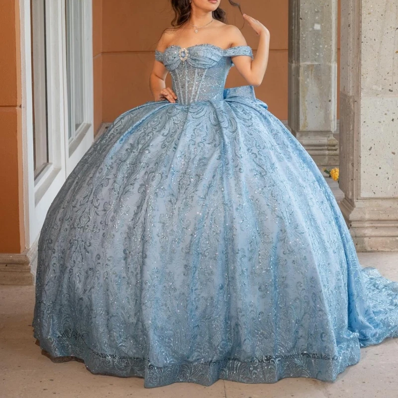 

Pink Shiny Quinceanera Dresses Off The Shoulder Sequin Applique Lace Beading Crystal Bow Tull Party Birthday Sweet 16 Dres