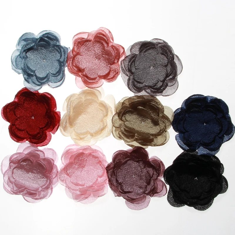 50PCS 10CM 3.9inch Vintage Satin Burned Hair Flowers For Headbands Chiffon Flower For Women Hair Accessories Head Wear