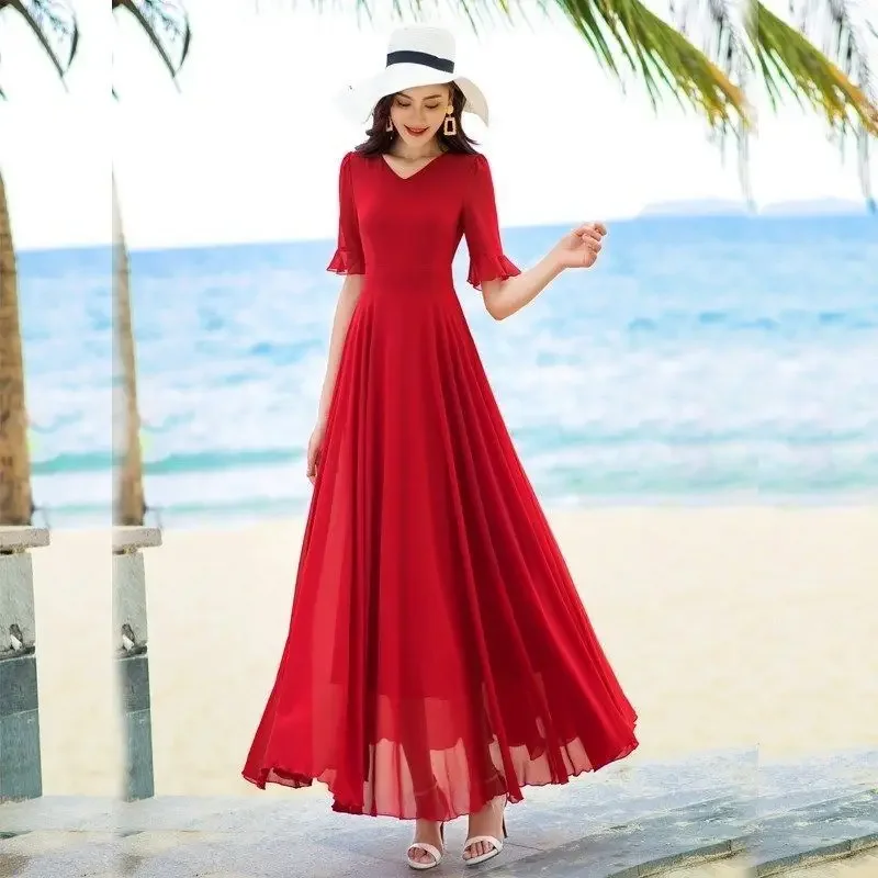 

Summer Half-Sleeve Shirt Long Expandable Chiffon Dress Beach Dress Woman Dress Vestido De Mujer Femme Robe