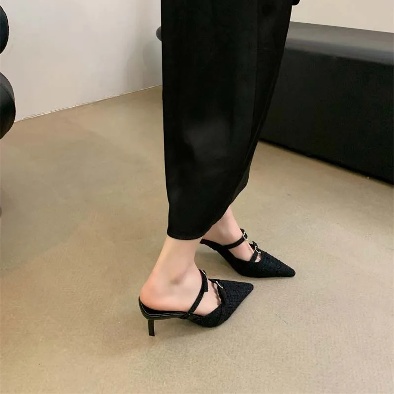 Black High Heels Sexy Pointed Toe Slingback Slippers Ladies Office Shoes Belt Buckle Low Heel Women Pumps Summer Stiletto
