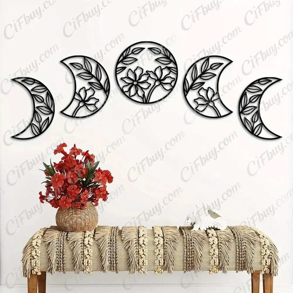 CIFBUY 5Pc Moon Phase Iron Wall Decor Nordic Flower Leaf Metal Art Hanging Ornament Rust Proof Home Decor Unique Gift Vintage