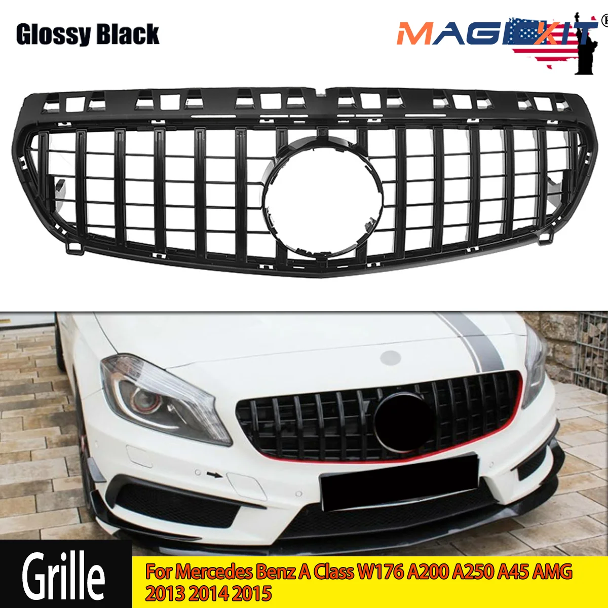 MagicKit  Front GTR Diamond Front Inlet Grille Bumper Grill for Mercedes Benz A Class W176 A200 A250 A45 AMG 2013 - 2015 Accesso