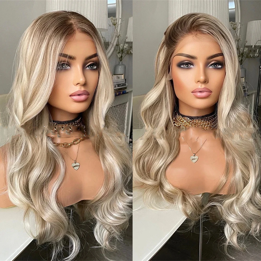 Mixed Ash Platinum Blonde Synthetic Lace Front Wig Dark Roots w Pre-plucked Realistic Hairline Wig Natural Looking Wig For Women