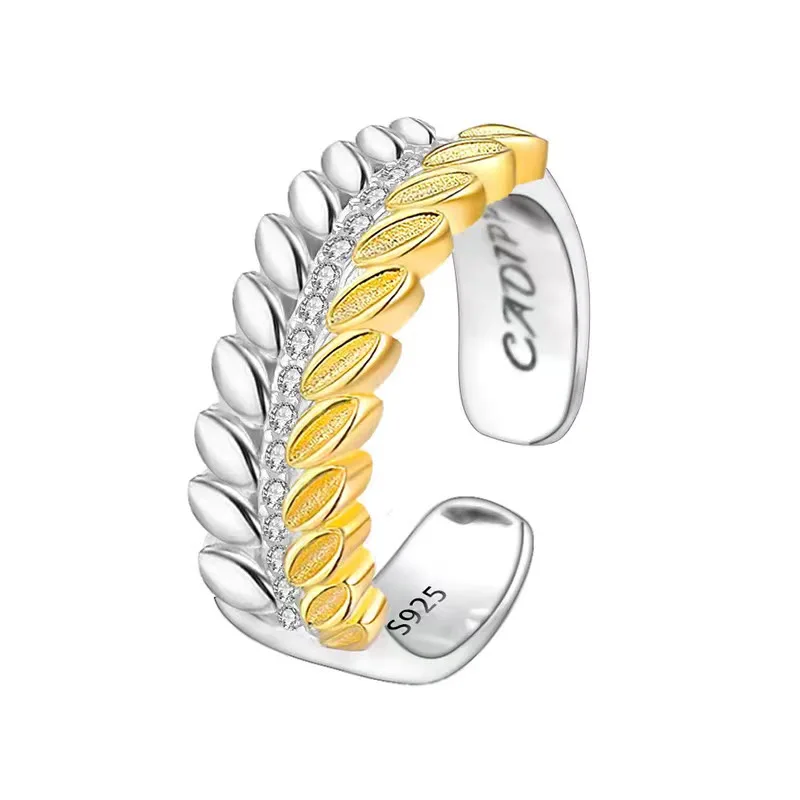 

High-grade 925 sterling silver ring female gold and silver contrast wheat open ring light luxury niche design index finger ring