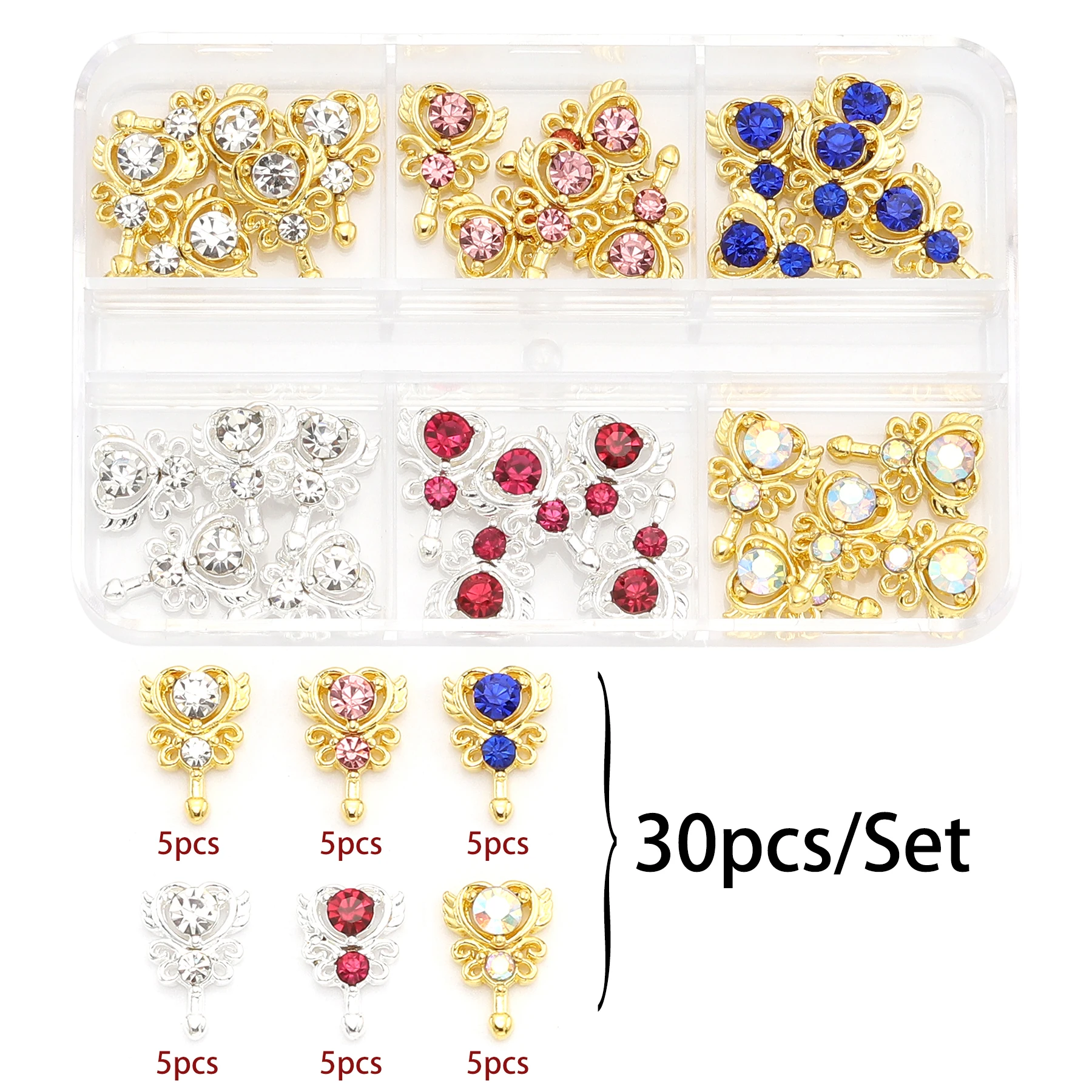 30 Pcs/Set Luxury Metal Cross Butterfly Heart Nail Art Decoration Shining Rhinestone Gemstone Diamond Charm DIY nail accessories