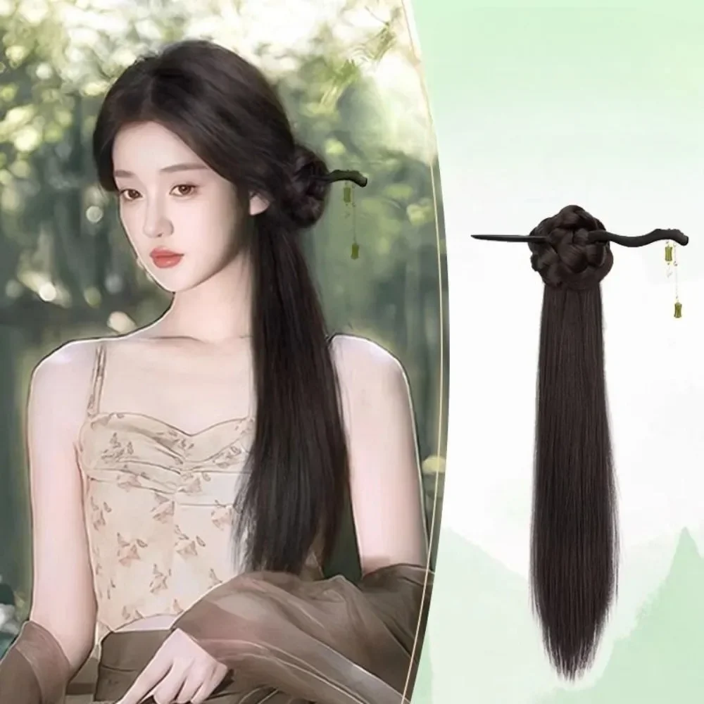 

Chinese Ancient Style Bamboo Hairpin Synthetic Wig Long Simulation Ponytail Fake Hair Cheongsam Hairwear