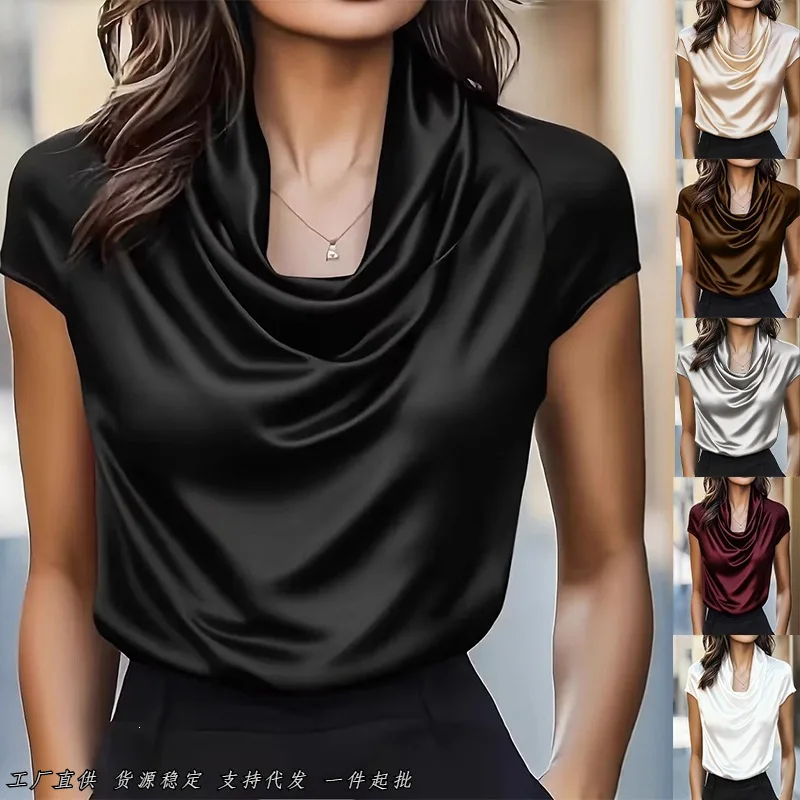 Summer Satin Blouses for Women Dressy V Neck Ruffle Tops Fitted Tee T Shirts