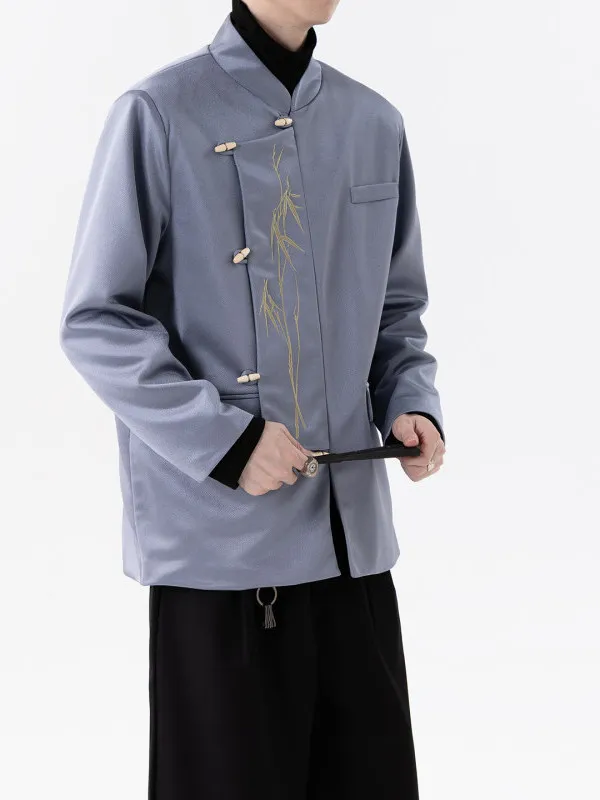 New Chinese Style Bamboo Leaf Embroidery Suit Jacket Men's Retro Button down Mandarin Collar Tang Suit Western Clothing Zhong...