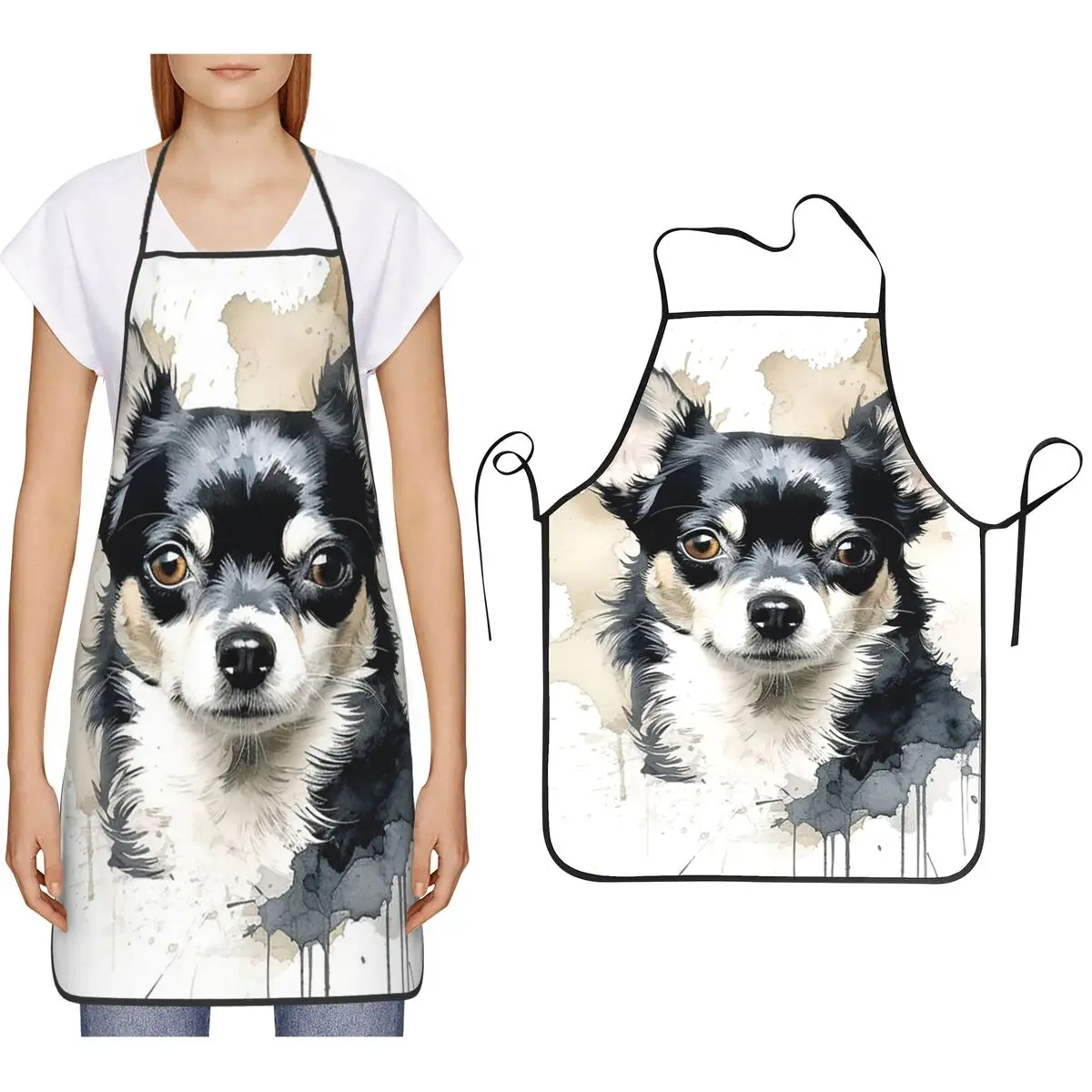 Watercolour Happy Puppy Dog Print Aprons Chef Cooking Cuisine Tablier Bib Kitchen Cleaning Pinafore for Women Men Painting