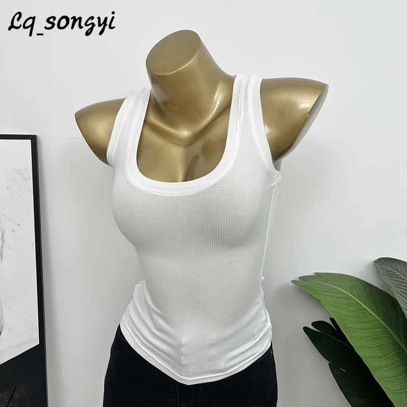 

Lq_songyi U Neck Tank Tops Women Wide Shoulder Strap Tops Korean Pop Solid Basic Camisole Slim Sleeveless Top