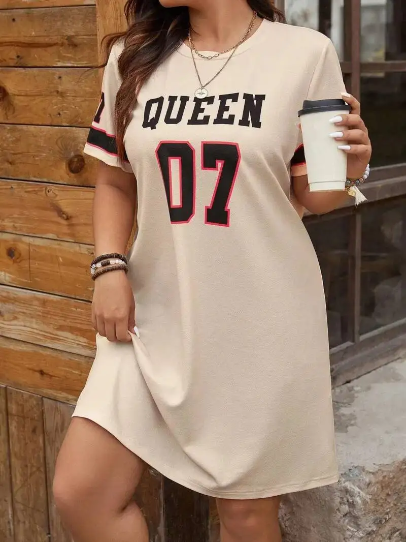 Plus Size Women's Summer Music Festival Pattern Sporty Casual Letter Print Fashionable 07 Printed Loose T Shirt Mini Dress 1OH6