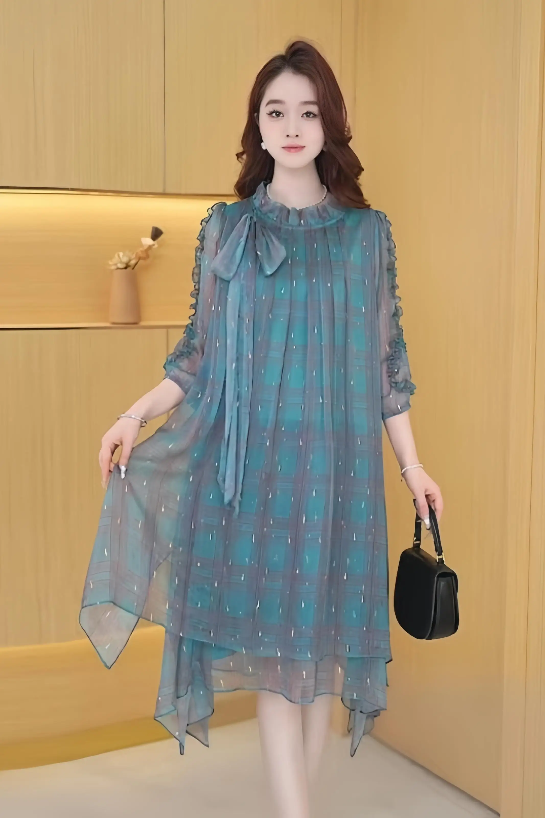 Ombro arco rendas designer chiffon impressão em camadas maxi vestido verão gola solta elegante manga curta midi robe