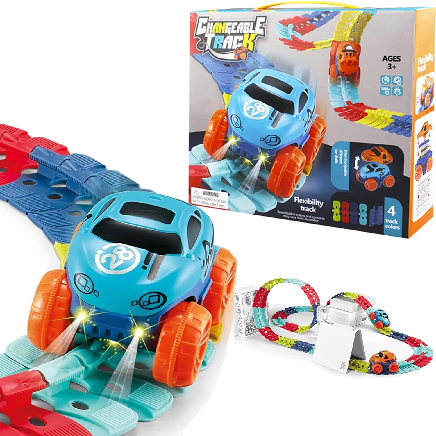 Changeable Track with LED Light-Up Race Car Flexible Assembled Track Birthday Gift for Kids Boys Girls