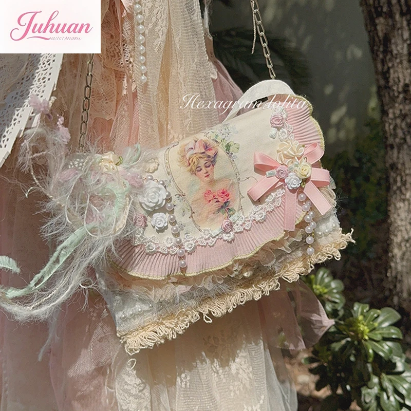 Jepang Vintage Manis Lolita Busur Renda Bunga Ruffle Pastoral Cla Gadis Yunai Tas Tangan Tas Kurir Lo Tas Kurir untuk Wanita