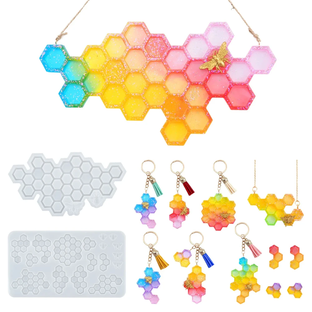 DIY Honeycomb Keychain Mold Epoxy Resin Coaster Set with House Number Pendant Mirror Silicone Mould for Home Decoration