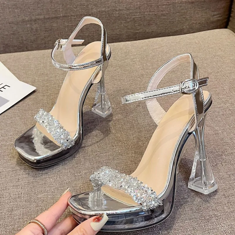 2024 Summer Women 12cm High Heels 3cm Platform Pumps Cross Belt Diamond Sandals Square Toe Luxury Pink Silver Fashion Shoes
