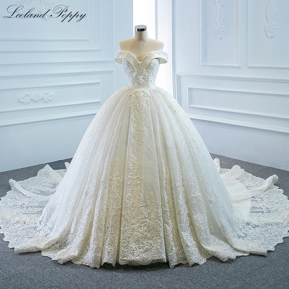 

Lceland Poppy Boat Neck Ball Gown Lace Wedding Dresses 2022 Off the Shoulder Beaded Bridal Gowns Vestido de Noiva Chapel Train