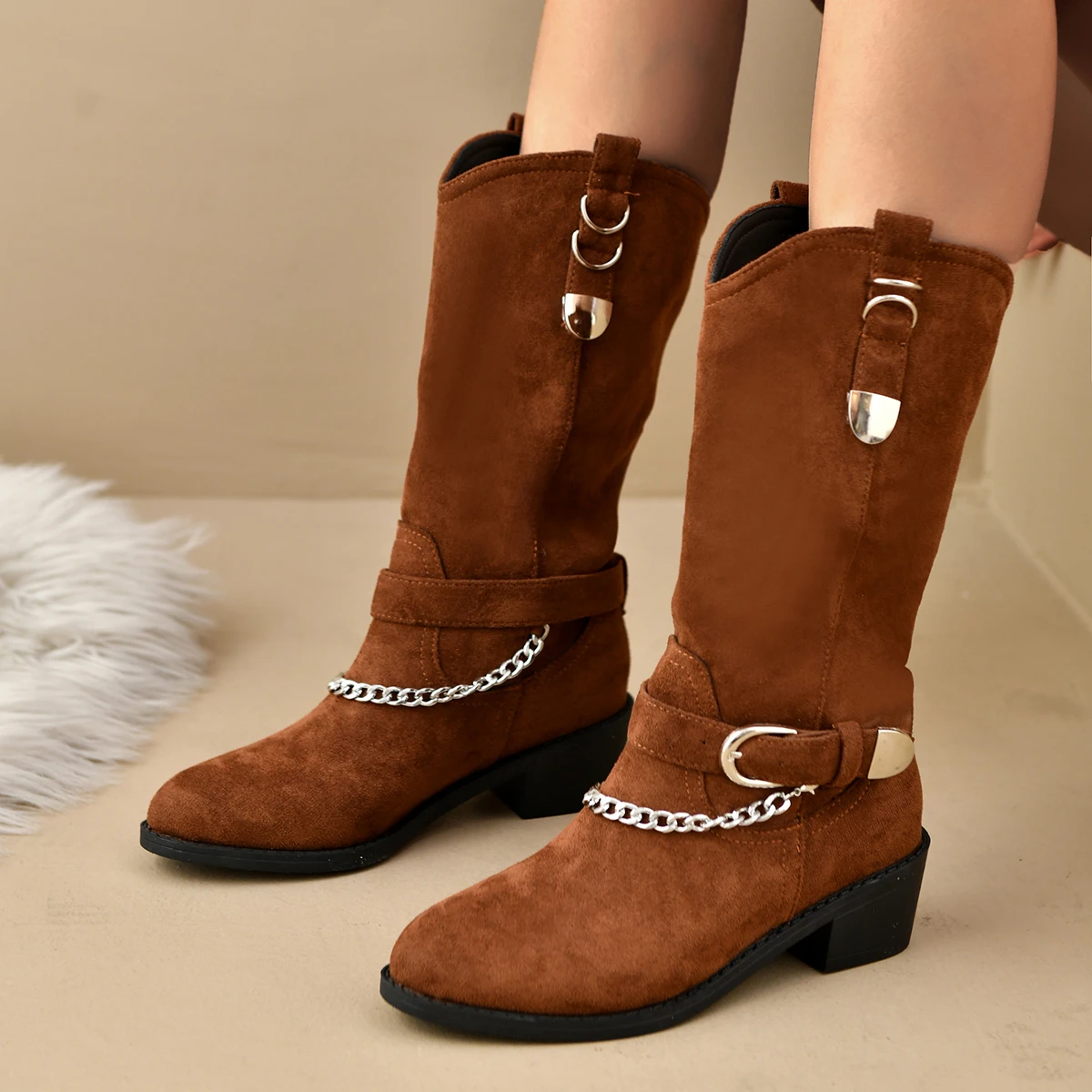 2024 winter women knight boots with mid heel and midsole chain buckle pointed toe non slip suede warm Coffee-color fashion boots