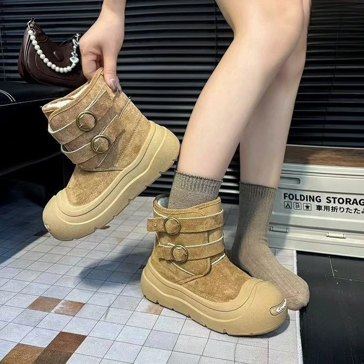 

Leather Platform Woman Shoes Luxury Designer Ankle Boots Female Fashion Winter Plush Snow Sports Short Booties Elegant