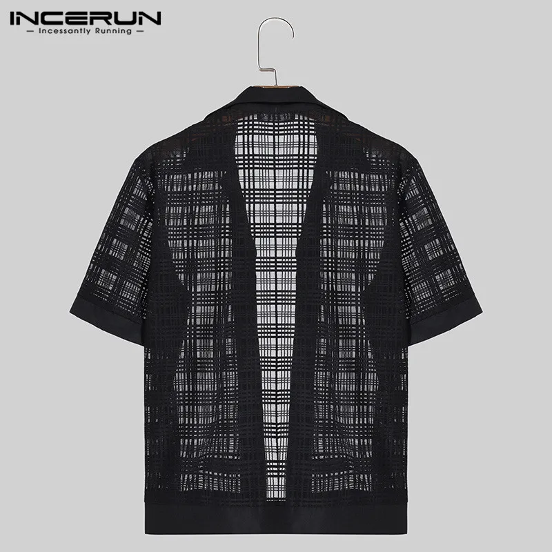 Handsome Well Fitting Tops INCERUN Men\'s Checkered Mesh Slightly Perspective Shirts Casual Male Thin Short Sleeved Blouse S-5XL