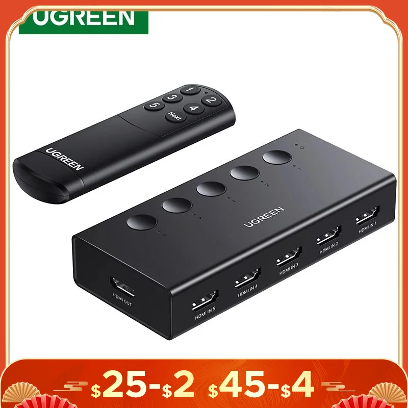 UGREEN HDMI Switch 5 in 1 Out 4K@60Hz, HDMI Splitter with Remote 5 Port HDMI Switcher Selector Support 3D CEC HDR HDCP2.2 PS5/4