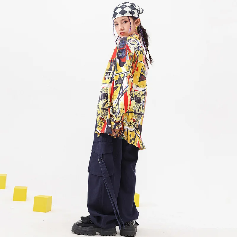 K-pop Street Dance Stage Costume for Girl Festive Rave Hip Hop Loose Print Shirt Cargo Pant Set Children's Urban Catwalk Outfit