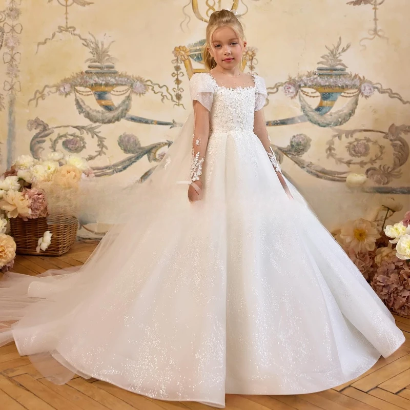 Kids Girls Wedding Flower Girl Dress White New Puffy Princess Gown for Host Piano Performance Party Pageant Children Dresses