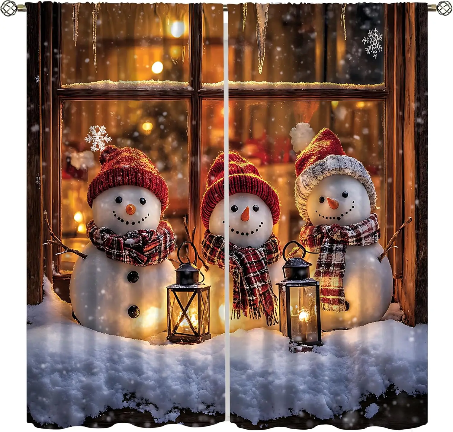 Christmas Curtains Cute Snowman Hat Scarf Lamp Glass Holiday Theme Illustration Window Treatments for Kids Boys Girls Bedroom