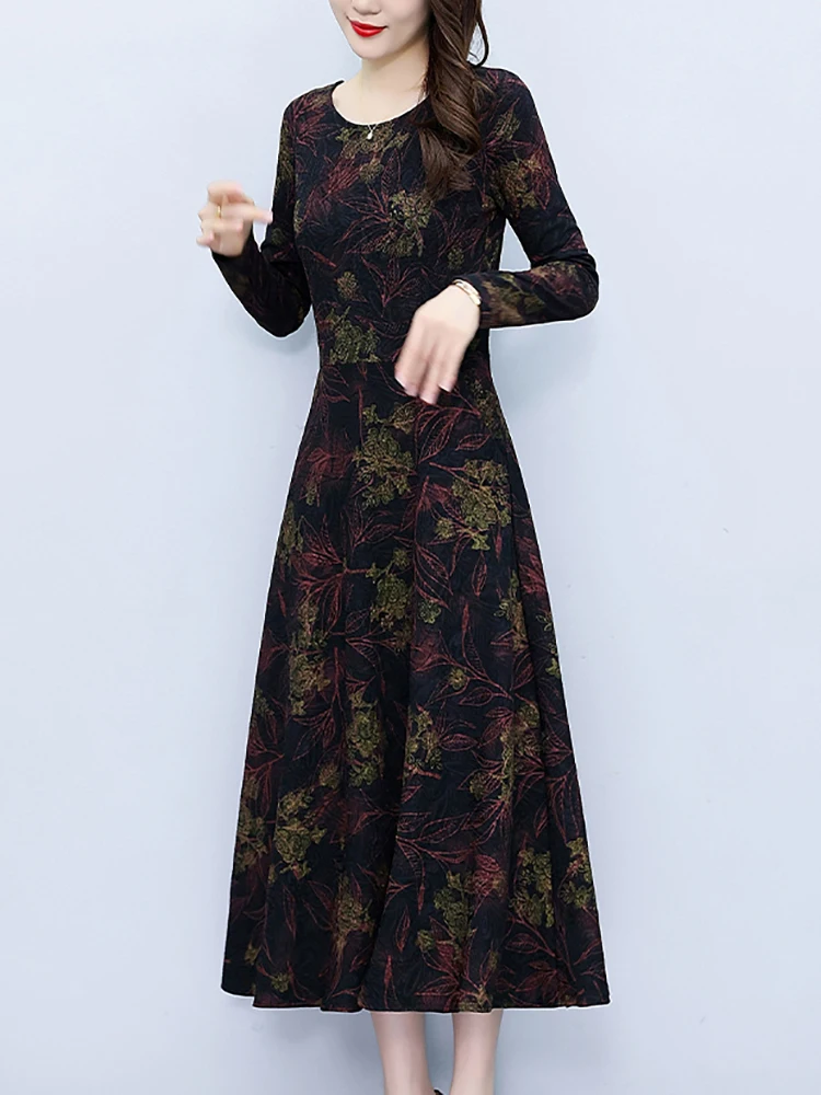 Black Vintage Print Casual Parrty Midi Dress 2024 Autumn Winter Long Sleeve Luxury Long Dress Women Elegant Bodycon Prom Vestido