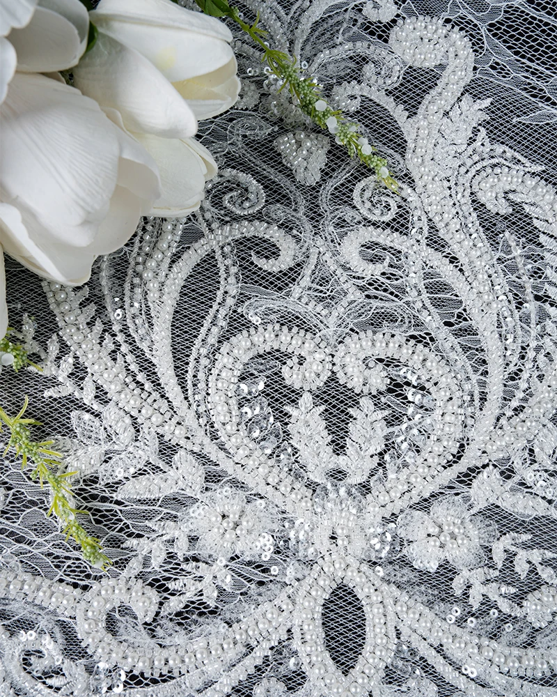 Fashion Silk Fabric  Pearl Sequins Tulle Lace Mesh Fabric Exquisite Embroidery Flower Pattern Wedding Dresses