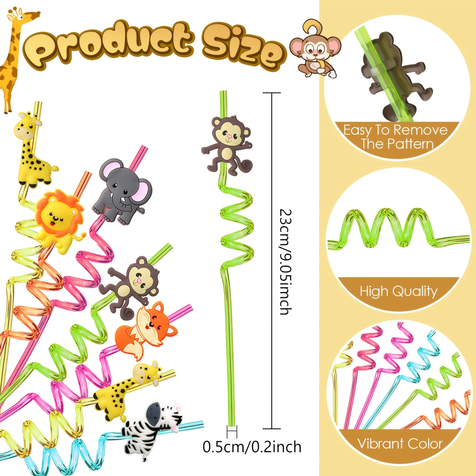 8PCS Cute Cartoon Animal Spiral Straws, Reusable Plastic Dri