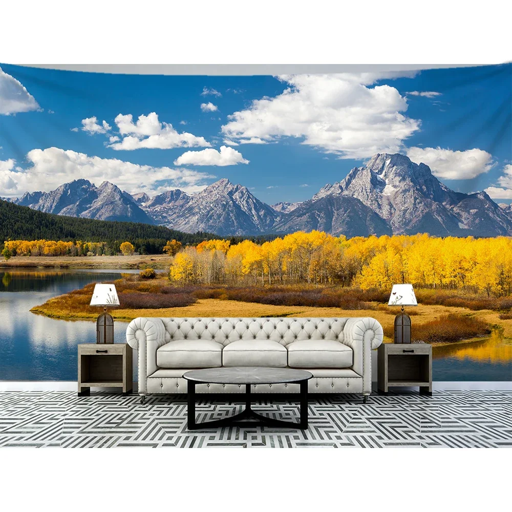 Mountain Rolling Lake Scenery Art Tapestry Golden Forest Wall Hanging Hippie Cloth Backdrop Beach Mat Dorm Home Decor