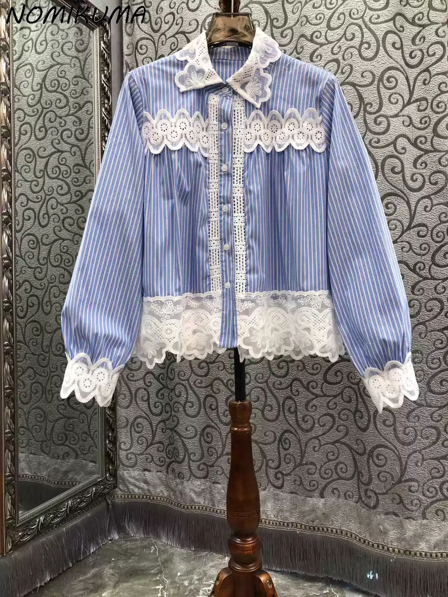 Nomikuma French Embroidered Lace Patchwork Turn-down Collar Long Sleeved Shirt for Women 2024 Autumn Niche Fashion Top